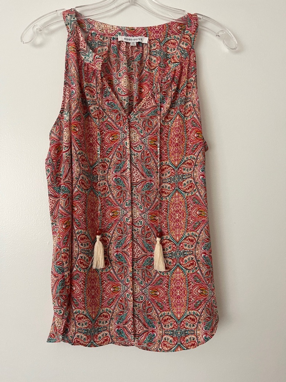 Rose & Olive Coral Paisley Tassel Tie Sleeveless Top